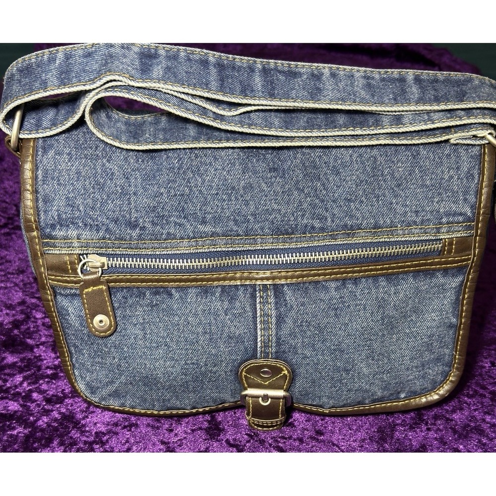Vtg Denim Purse Y2K Crossbody Bag Zipper Boho Multipocket Pockets 90s Retro Jean